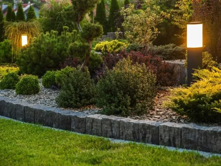 Garden hardscape lighting illuminating landscaped beds and outdoor features in Raleigh, North Carolina