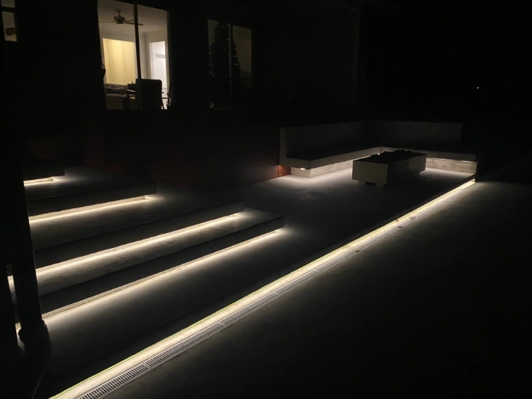 Hardscape step lights installed along outdoor stairs and patio edges in Raleigh, North Carolina Title: Hardscape Step Lighting in Raleigh, NC