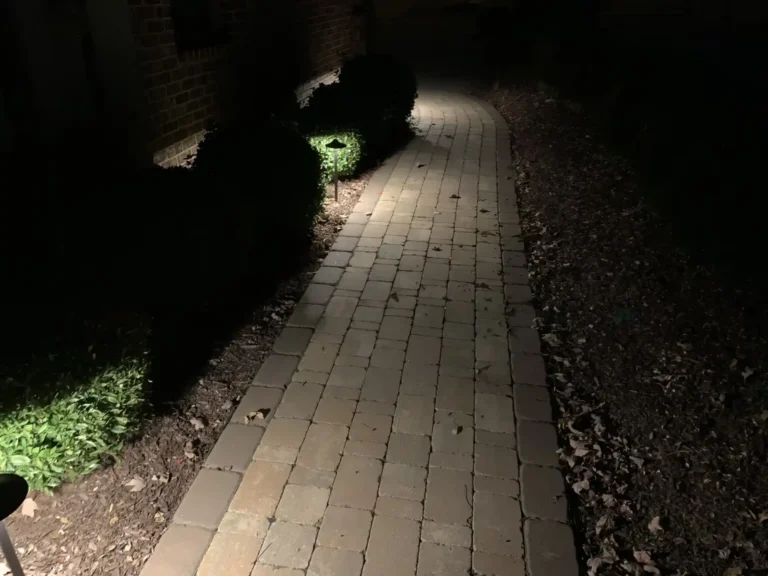 Hardscape path lighting illuminating a brick walkway beside a Raleigh, North Carolina home